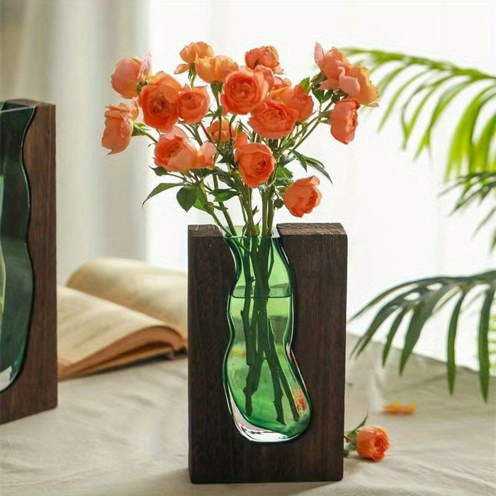 Elegante Glazen Vaas met Houten Voet - Stijlvolle Decoratie voor Elke Ruimte