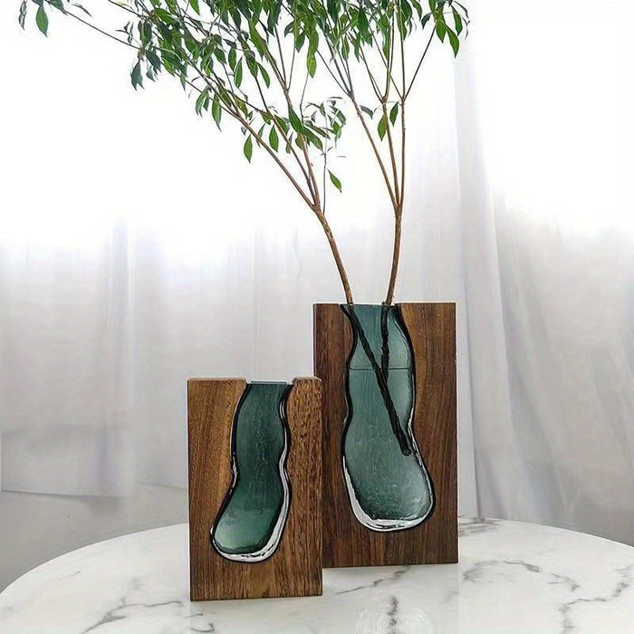 Elegante Glazen Vaas met Houten Voet - Stijlvolle Decoratie voor Elke Ruimte