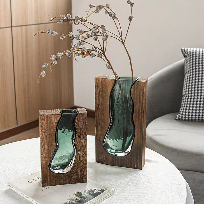 Elegante Glazen Vaas met Houten Voet - Stijlvolle Decoratie voor Elke Ruimte