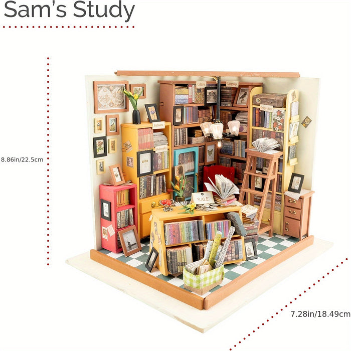 DIY Miniatuur Huis Kit – Sam's Study met Gedetailleerde Boekenplanken en Meubels