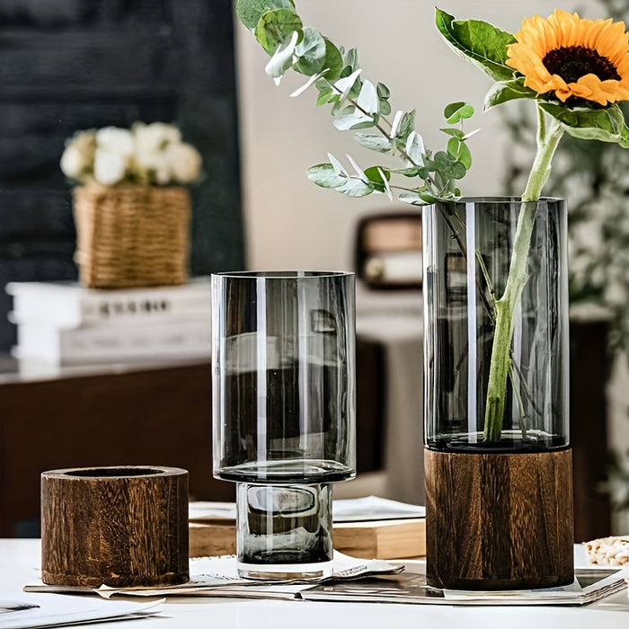 Luxe Glas Vaas met Houten Basis - Elegant en Modern