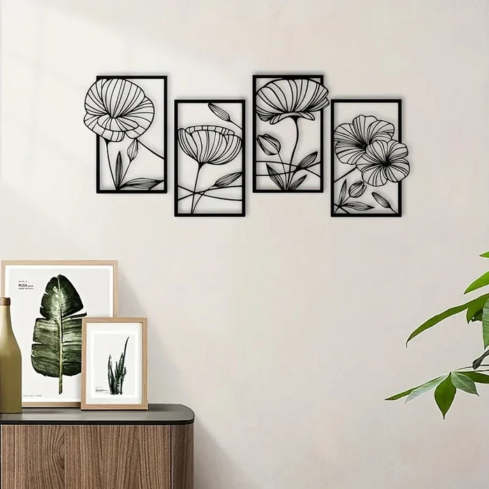 Floral Elegance Wanddecoratie – Vierdelige Bloemenkunst