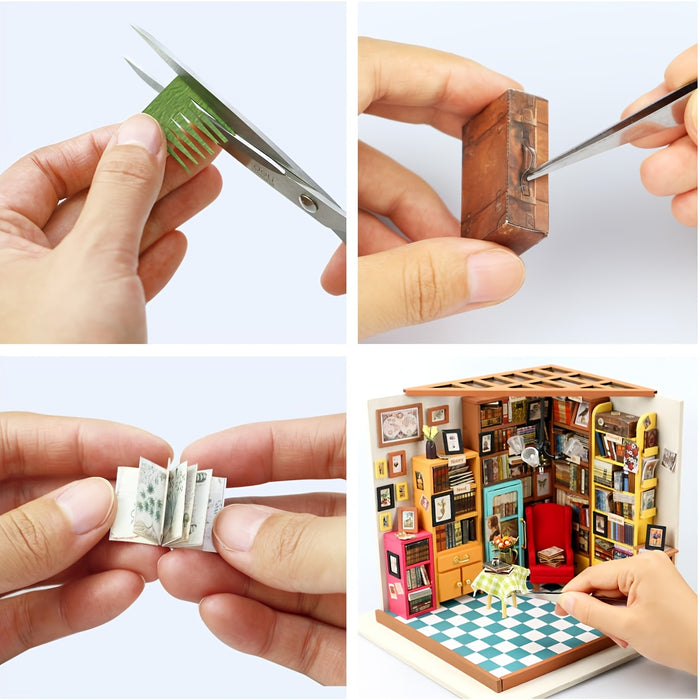 DIY Miniatuur Huis Kit – Sam's Study met Gedetailleerde Boekenplanken en Meubels