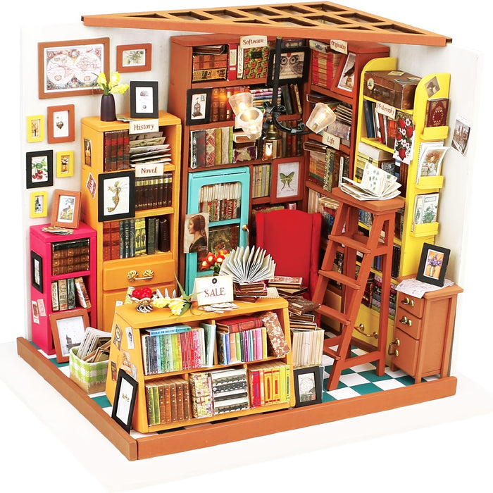 DIY Miniatuur Huis Kit – Sam's Study met Gedetailleerde Boekenplanken en Meubels